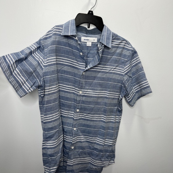 Old navy blue white stripe classic summer short sleeve button down top - Picture 1 of 5